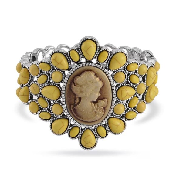 Yellow Howlite and Cameo Bangle Bracelet in Silvertone (7") 26.00 ctw - Picture 1 of 3